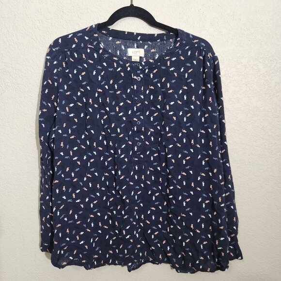 Loft Blouse Cat Print Long Sleeve XL Navy Blue - Picture 1 of 11